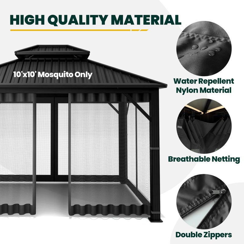 OLILAWN Gazebo Universal Replacement Mosquito Netting, 10' x 10' Outdoor Canopy Net Screen 4-Panel Sidewall Curtain, with Zippers, Easy to Install, Fit for Most Gazebo 10x10 Canopy, Black - Image 3