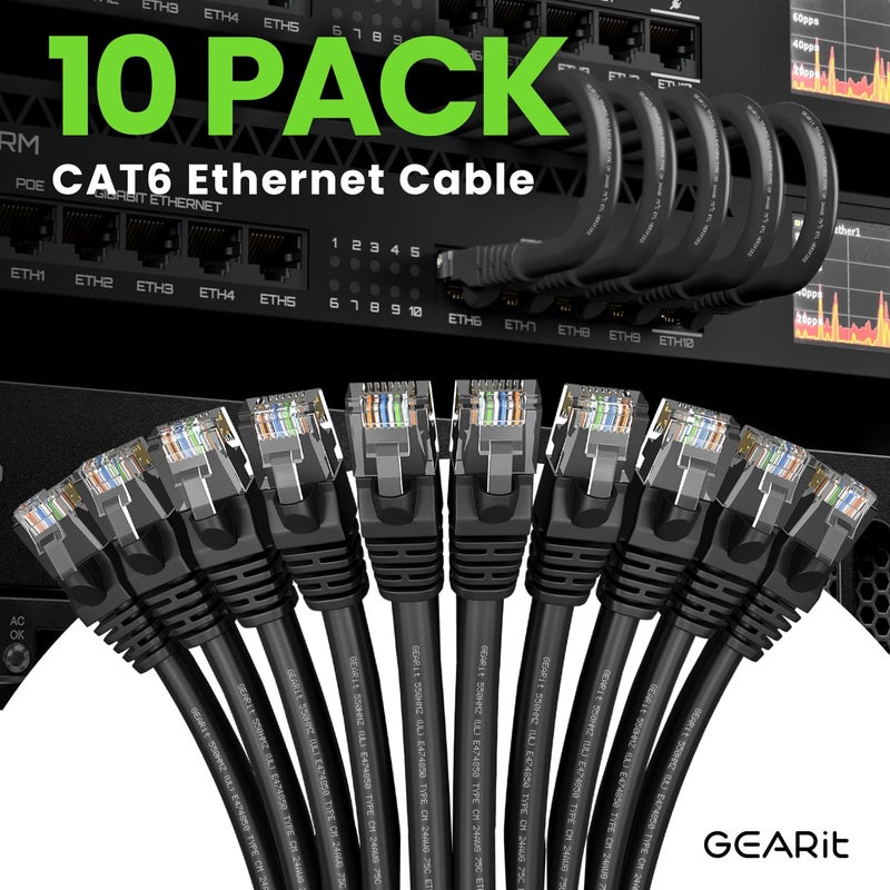 GEARit Cat 6 Ethernet Cable Pack â€“ 10-Pack 10 ft Cat6 Ethernet Patch Cables | RJ45 Network Patch Cable, 10 Gbps Snagless Gold-Plated Connectors â€“ Ethernet Cable Cat 6 for PC, TV, Router â€“ Black - Image 2