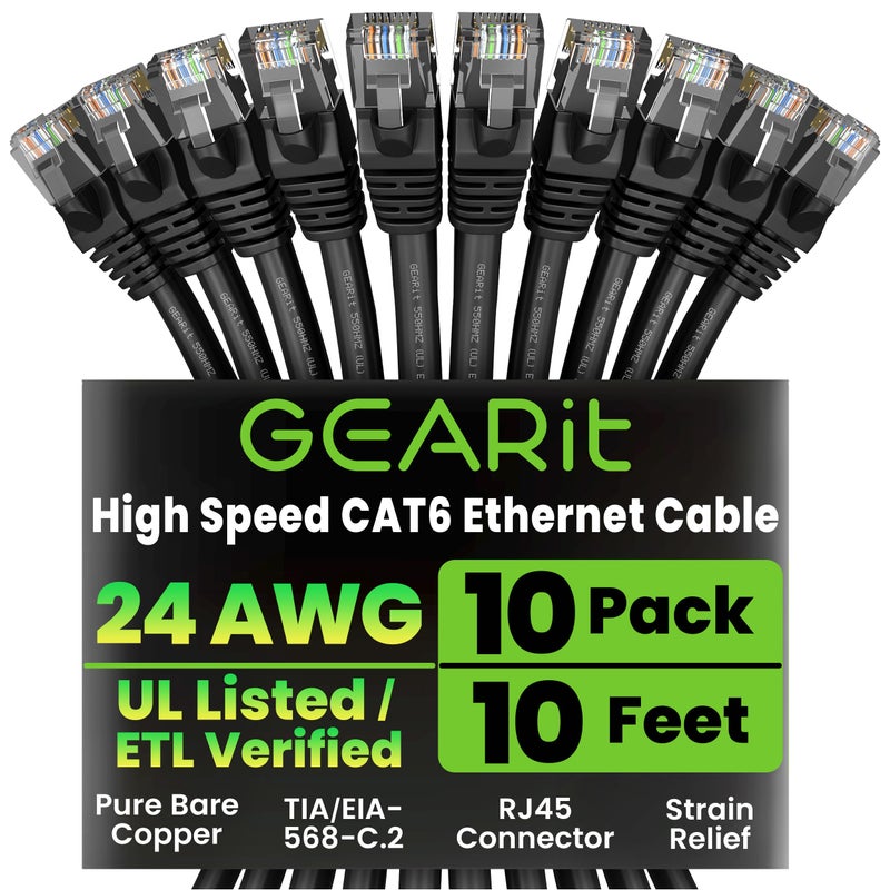 GEARit Cat 6 Ethernet Cable Pack â€“ 10-Pack 10 ft Cat6 Ethernet Patch Cables | RJ45 Network Patch Cable, 10 Gbps Snagless Gold-Plated Connectors â€“ Ethernet Cable Cat 6 for PC, TV, Router â€“ Black - Image 1