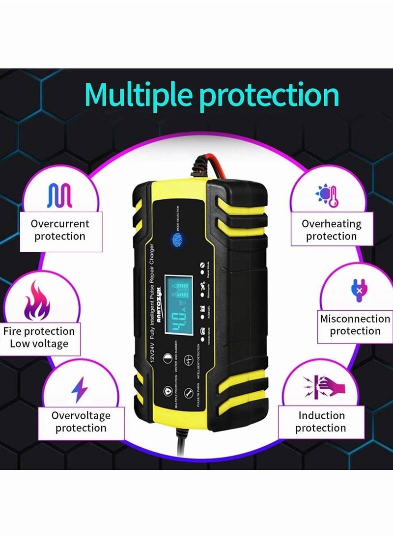 Car Battery Charger and Maintainer, 12V 24V 3-Stage Intelligent Automatic Battery Charger with LCD Screen and 6 Charging Mode for Cars Motorcycles Boat