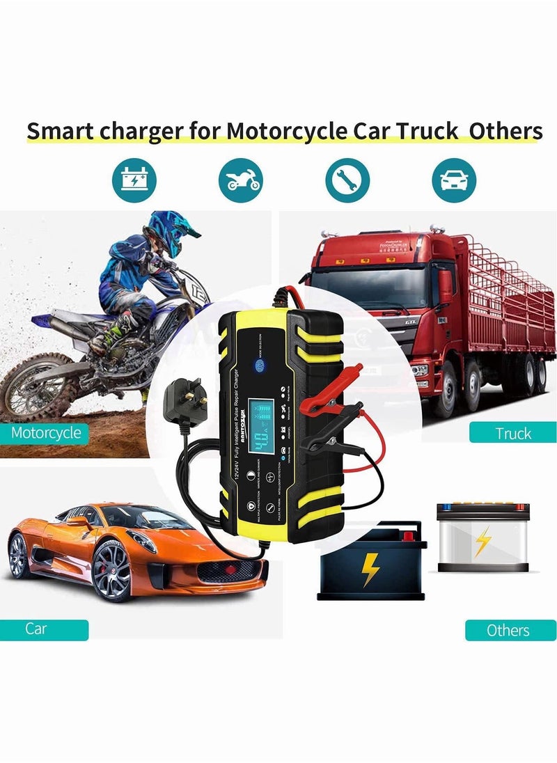 Car Battery Charger and Maintainer, 12V 24V 3-Stage Intelligent Automatic Battery Charger with LCD Screen and 6 Charging Mode for Cars Motorcycles Boat