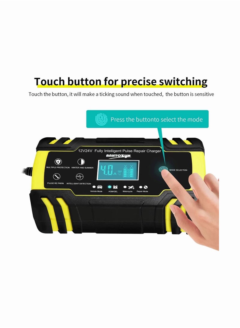 Car Battery Charger and Maintainer, 12V 24V 3-Stage Intelligent Automatic Battery Charger with LCD Screen and 6 Charging Mode for Cars Motorcycles Boat