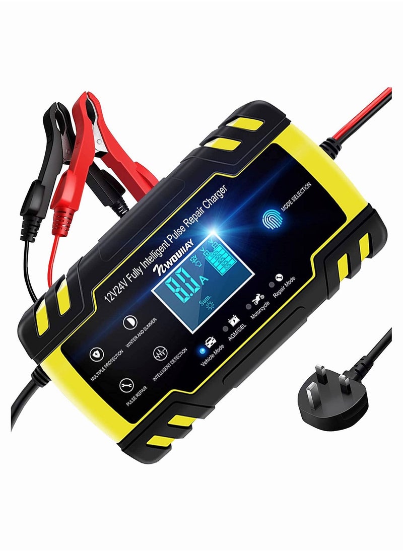 Car Battery Charger and Maintainer, 12V 24V 3-Stage Intelligent Automatic Battery Charger with LCD Screen and 6 Charging Mode for Cars Motorcycles Boat