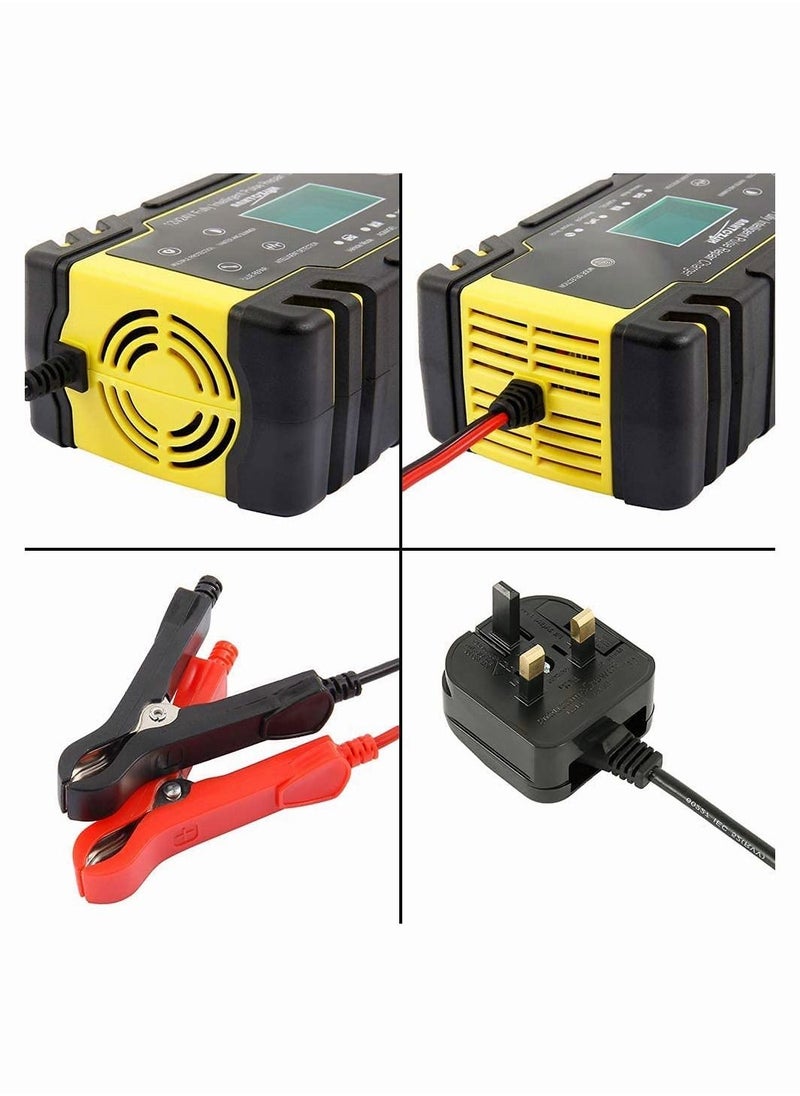 Car Battery Charger and Maintainer, 12V 24V 3-Stage Intelligent Automatic Battery Charger with LCD Screen and 6 Charging Mode for Cars Motorcycles Boat