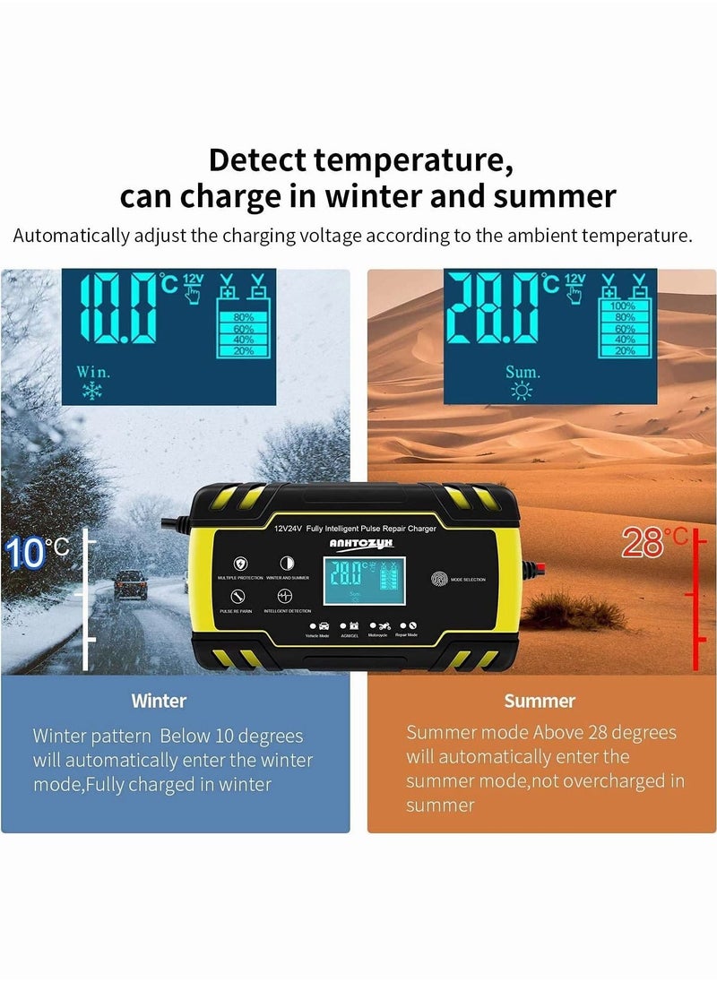 Car Battery Charger and Maintainer, 12V 24V 3-Stage Intelligent Automatic Battery Charger with LCD Screen and 6 Charging Mode for Cars Motorcycles Boat