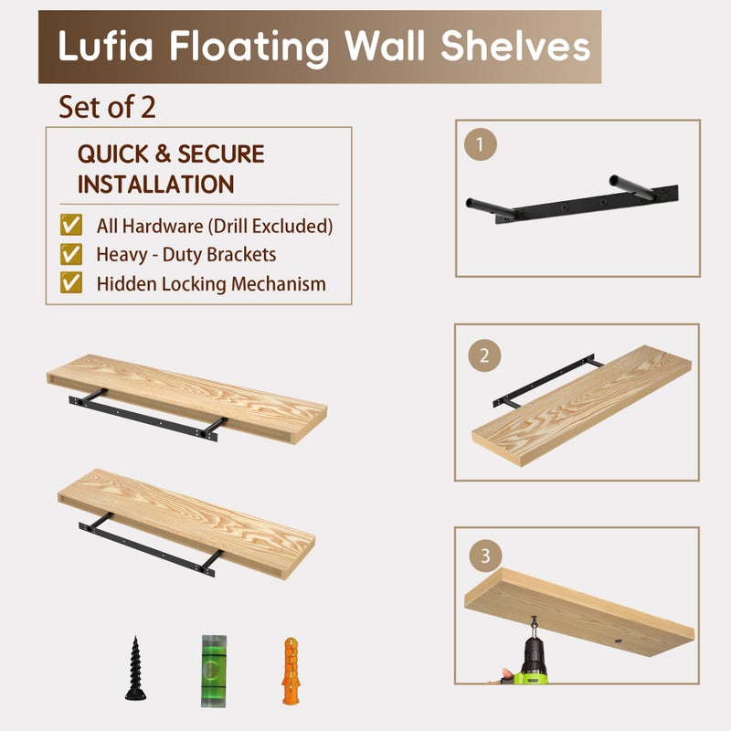 Lufia Floating Wall Shelves, Set of 2, MDF with Invisible Brackets, Modern Storage for Bedroom, Bathroom, Living Room, Kitchen (Oak, 28" W x 7" D x 1.5" Hâ€‹) - Image 3