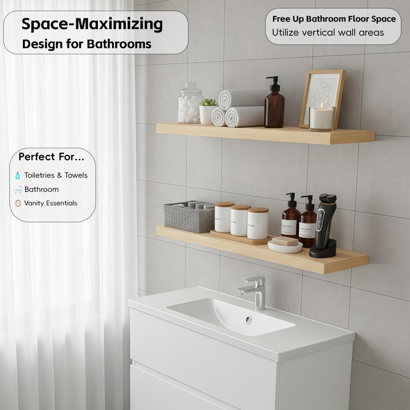 Lufia Floating Wall Shelves, Set of 2, MDF with Invisible Brackets, Modern Storage for Bedroom, Bathroom, Living Room, Kitchen (Oak, 28" W x 7" D x 1.5" Hâ€‹) - Image 4