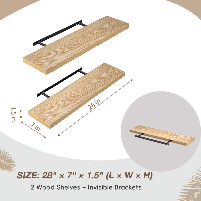 Lufia Floating Wall Shelves, Set of 2, MDF with Invisible Brackets, Modern Storage for Bedroom, Bathroom, Living Room, Kitchen (Oak, 28" W x 7" D x 1.5" Hâ€‹) - Image 2