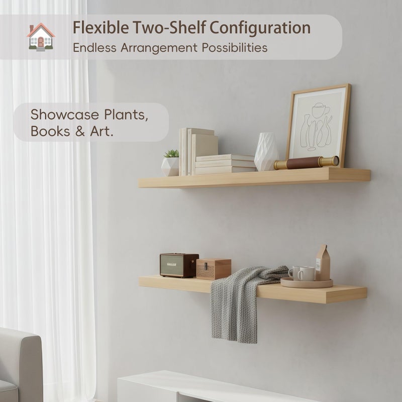 Lufia Floating Wall Shelves, Set of 2, MDF with Invisible Brackets, Modern Storage for Bedroom, Bathroom, Living Room, Kitchen (Oak, 28" W x 7" D x 1.5" Hâ€‹) - Image 5