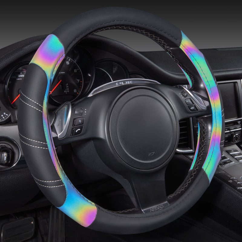 CAR PASS Line Rider Microfiber Leather Sporty 14515 inch Steering Wheel Cover Universal Fits for 95 TruckSUVCars AntiSlip Safety Comfortable Design Black Reflective - Image 2