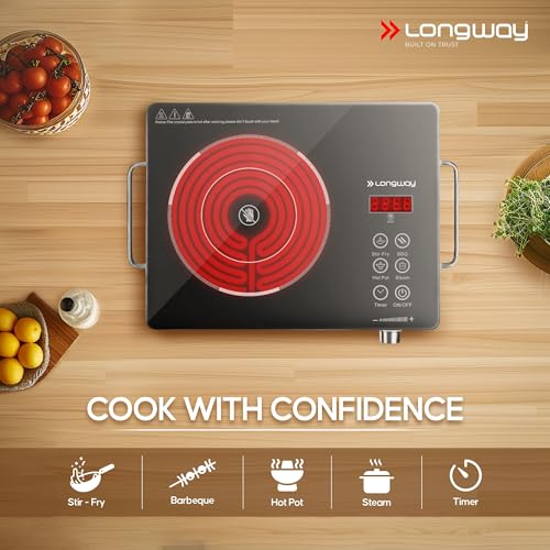 LONGWAY لونغواي إنفرالايت برو 2200W موقد تحريض بالأشعة تحت الحمراء مع رف شواية فولاذي، سطح زجاجي كريستالي، لوحة لمس وعرض رقمي، 4 أوضاع مسبقة - قلي سريع، شواء، طاجن ساخن وبخار، أسود - Image 2