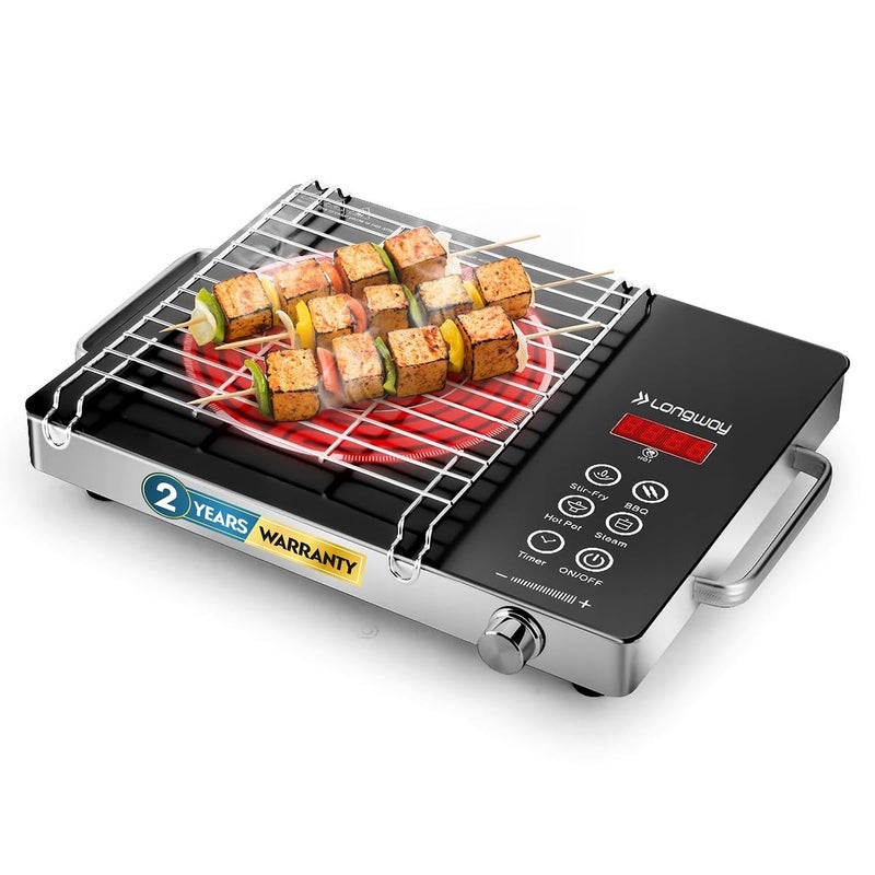 LONGWAY لونغواي إنفرالايت برو 2200W موقد تحريض بالأشعة تحت الحمراء مع رف شواية فولاذي، سطح زجاجي كريستالي، لوحة لمس وعرض رقمي، 4 أوضاع مسبقة - قلي سريع، شواء، طاجن ساخن وبخار، أسود - Image 5