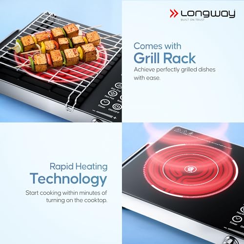 LONGWAY لونغواي إنفرالايت برو 2200W موقد تحريض بالأشعة تحت الحمراء مع رف شواية فولاذي، سطح زجاجي كريستالي، لوحة لمس وعرض رقمي، 4 أوضاع مسبقة - قلي سريع، شواء، طاجن ساخن وبخار، أسود - Image 3
