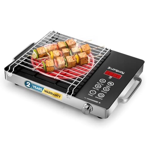 LONGWAY لونغواي إنفرالايت برو 2200W موقد تحريض بالأشعة تحت الحمراء مع رف شواية فولاذي، سطح زجاجي كريستالي، لوحة لمس وعرض رقمي، 4 أوضاع مسبقة - قلي سريع، شواء، طاجن ساخن وبخار، أسود - Image 1