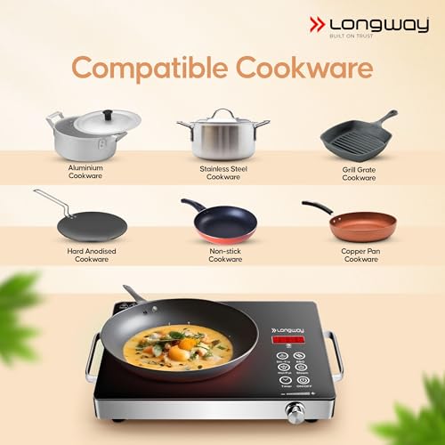 LONGWAY لونغواي إنفرالايت برو 2200W موقد تحريض بالأشعة تحت الحمراء مع رف شواية فولاذي، سطح زجاجي كريستالي، لوحة لمس وعرض رقمي، 4 أوضاع مسبقة - قلي سريع، شواء، طاجن ساخن وبخار، أسود - Image 4
