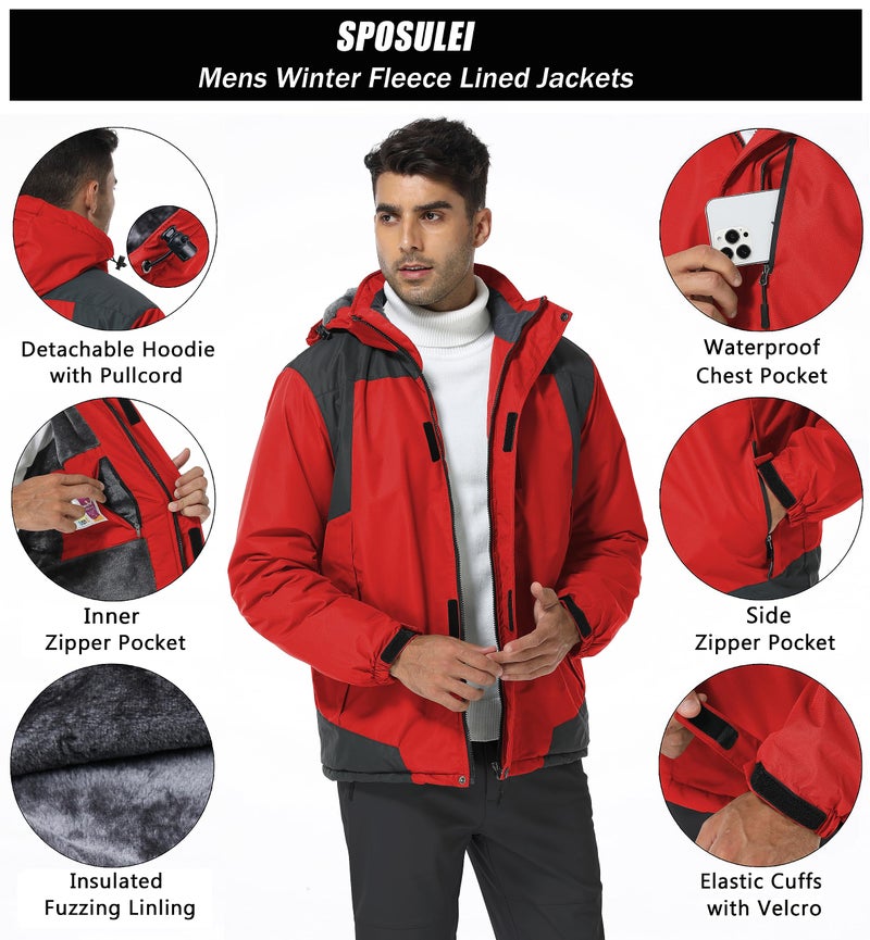 SPOSULEI Mens Skiing Jacket with Hoode Snowboarding Travel Rain Military Tactical Fleece Jacket Coat Parka Waterproof Winter Raincoats Red 2XL - Image 5