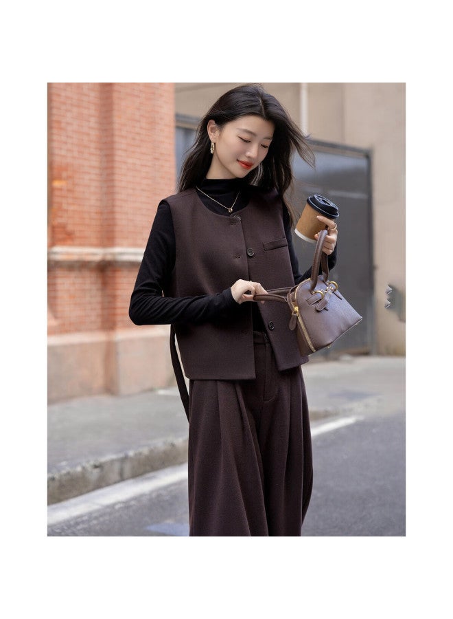 dme Demana Winter Round Neck Sleeveless Short Top Waist-cinching Vest Wide-leg Pants Women's Two-piece Set - Image 4