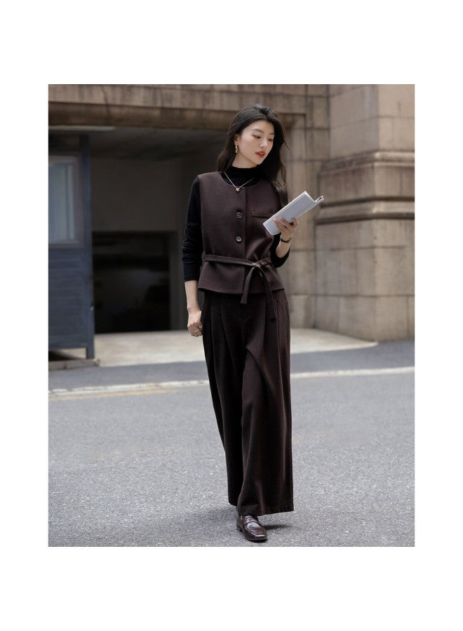 dme Demana Winter Round Neck Sleeveless Short Top Waist-cinching Vest Wide-leg Pants Women's Two-piece Set - Image 2