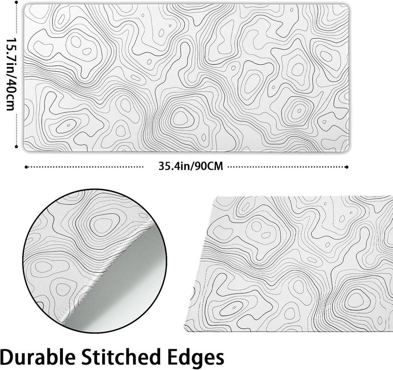 aportt Topographic Map Large Mouse Pad XXL White Lines Contour Geographic Extended Desk Mat Big 90X40 CM Non-Slip Rubber Base Stitched Edge Long Mousepad,35.4 x 15.7 Inch - Image 2