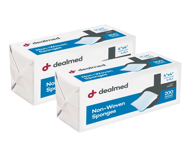 Dealmed NonWoven Gauze Sponges 4Ply 4 x 4 AllPurpose NonSterile Absorbent Dental Gauze Wound Care for First Aid KitMedical Facilities 200 Count Pack of 2