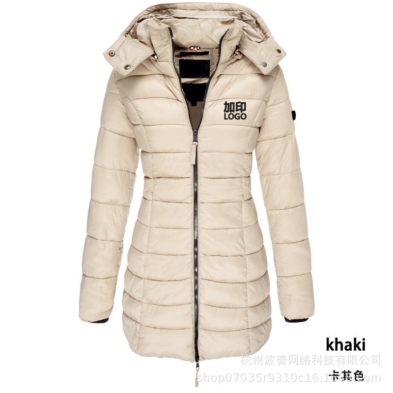 Printed logo printing European size cross-border winter womens cotton jacket mid-length slim warm solid color hooded Red - Image 3
