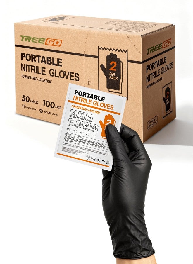 TREEGO Portable 5mil Black Nitrile Gloves Medium, Individually Packed 50 Pairs (100 Count), Latex-Free Powder-Free Disposable Gloves for Food Prep, Cleaning & Household Use - Image 1