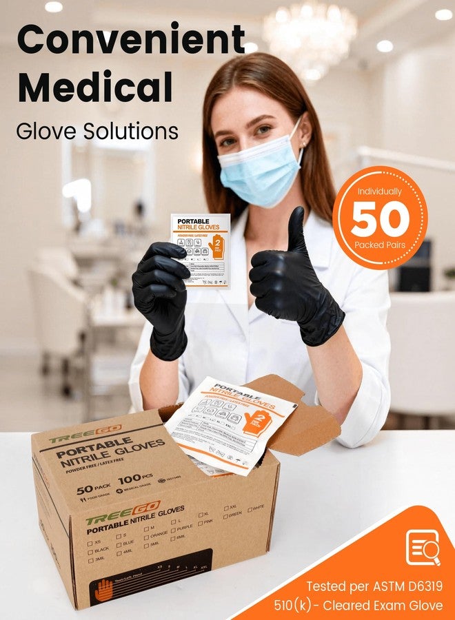TREEGO Portable 5mil Black Nitrile Gloves Medium, Individually Packed 50 Pairs (100 Count), Latex-Free Powder-Free Disposable Gloves for Food Prep, Cleaning & Household Use - Image 2