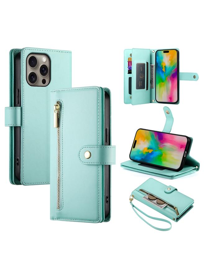 erorex For iPhone 16 Pro Nine Card-slot Zipper Wallet Bag Leather Phone Case(Mint Green) 