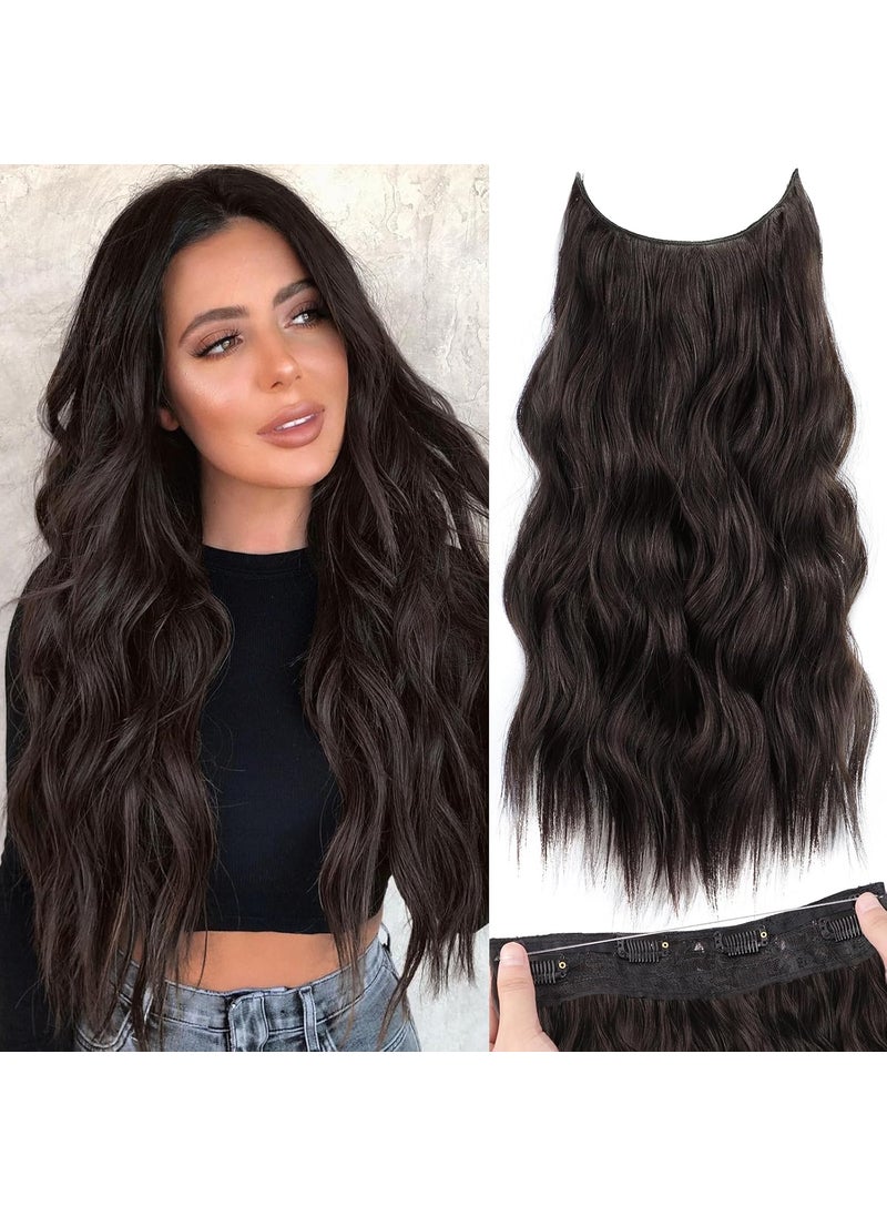 KooKaStyle KooKaStyle Invisible Wire Hair Extensions with Transparent Wire Adjustable Size 4 Secure Clips Long Wavy Secret Hairpiece 20 Inch Dark Brown for Women 