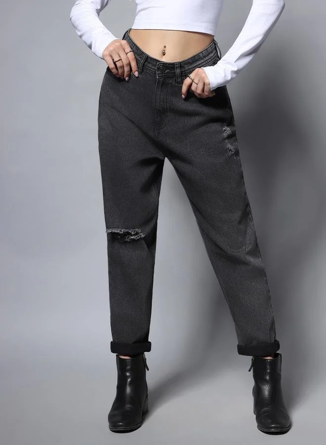 HIGH STAR Sliced Knee Relaxed Fit Cropped Jeans by Styli