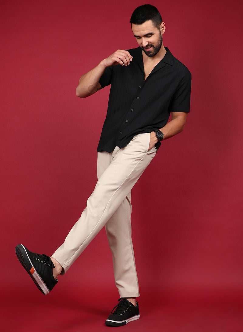 Campus Sutra Men's Charcoal Black Self-Design Striped Shirt - Image 4