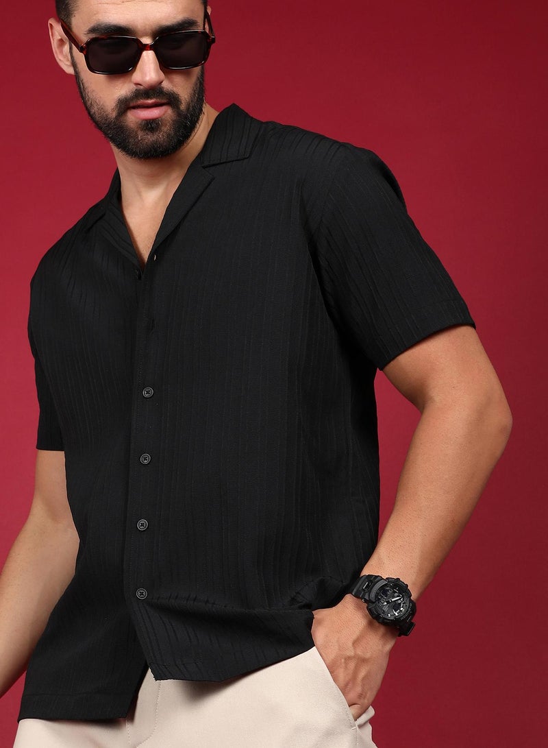 Campus Sutra Men's Charcoal Black Self-Design Striped Shirt - Image 2