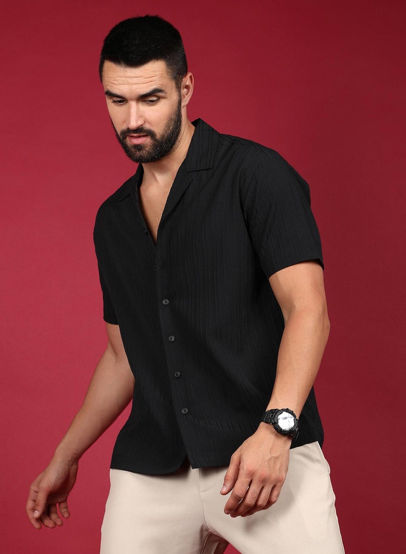 Campus Sutra Men's Charcoal Black Self-Design Striped Shirt - Image 1