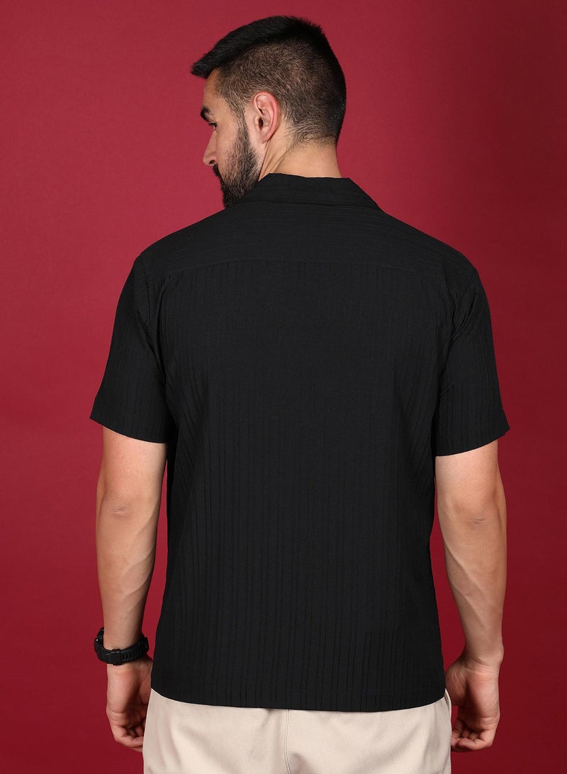 Campus Sutra Men's Charcoal Black Self-Design Striped Shirt - Image 3