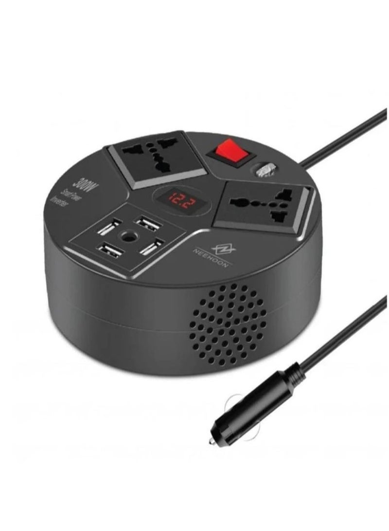 محول طاقة للسيارة 300 واط من 12V إلى 220V مع مخرجين كهرباء عالميين ومنافذ USB وشاشة رقمية وحماية متعددة للاستخدام في السفر والتخييم - Image 1