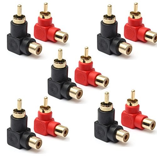 exgoofit RCA Male to RCA Female Connectors Right Angle Plug Adapters M/F 90 Degree Elbow Gold-Plated (5 Black + 5 Red) (10-Pack) - Image 1