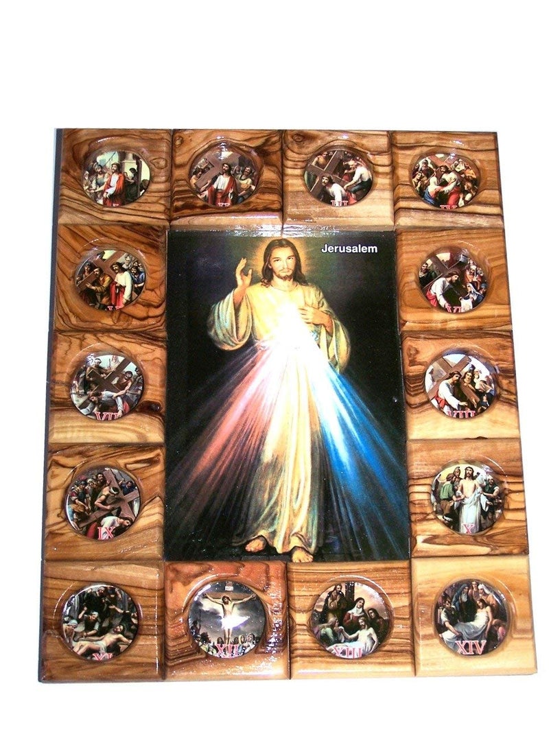Holy Land Market Stations of The Cross Icon Plaque All in Olive Wood from Bethlehem 29 x 24 cm or 115 x 95 inches Divine Mercy