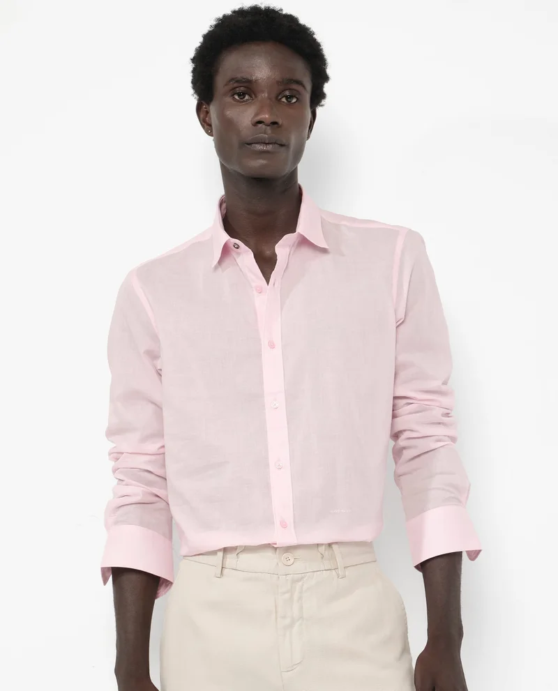 رير رابِت Rare Rabbit Men's Fullsleen Pastel Pink Cotton Fabric Full Sleeves Collared Neck Regular Fit Solid Shirt