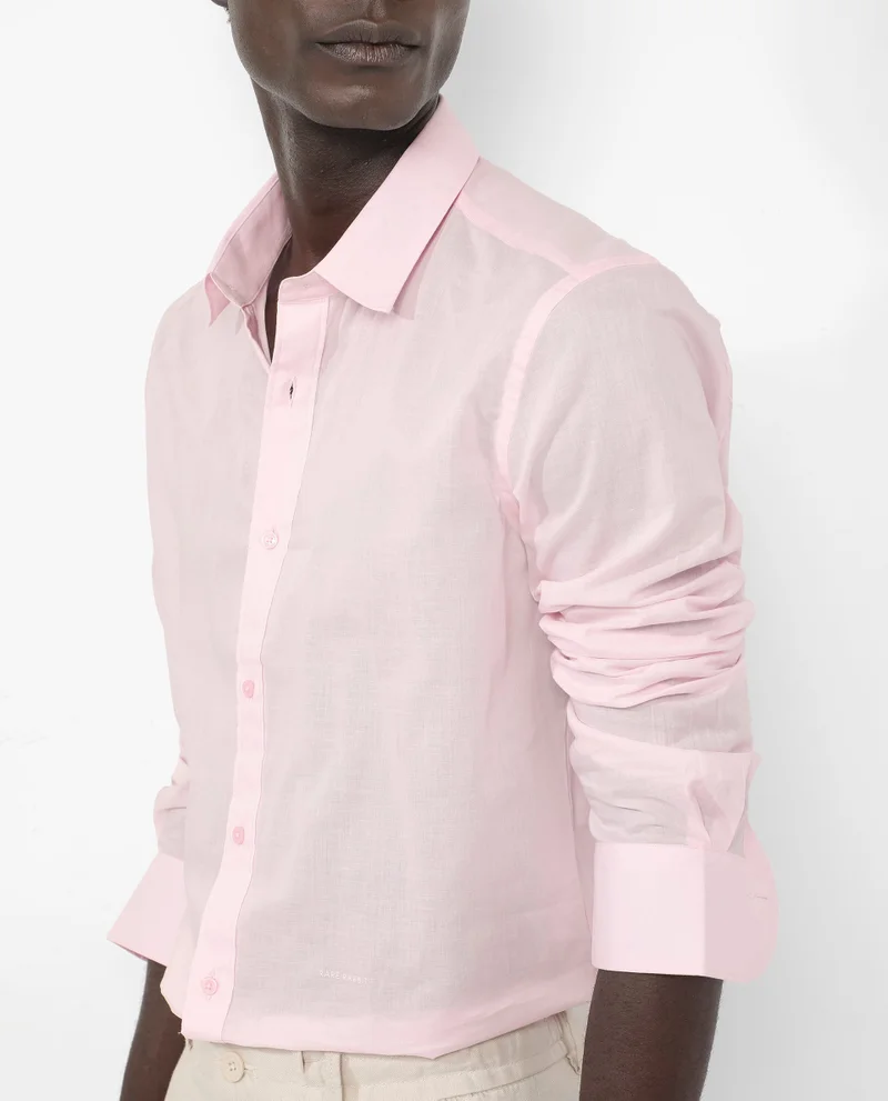رير رابِت Rare Rabbit Men's Fullsleen Pastel Pink Cotton Fabric Full Sleeves Collared Neck Regular Fit Solid Shirt