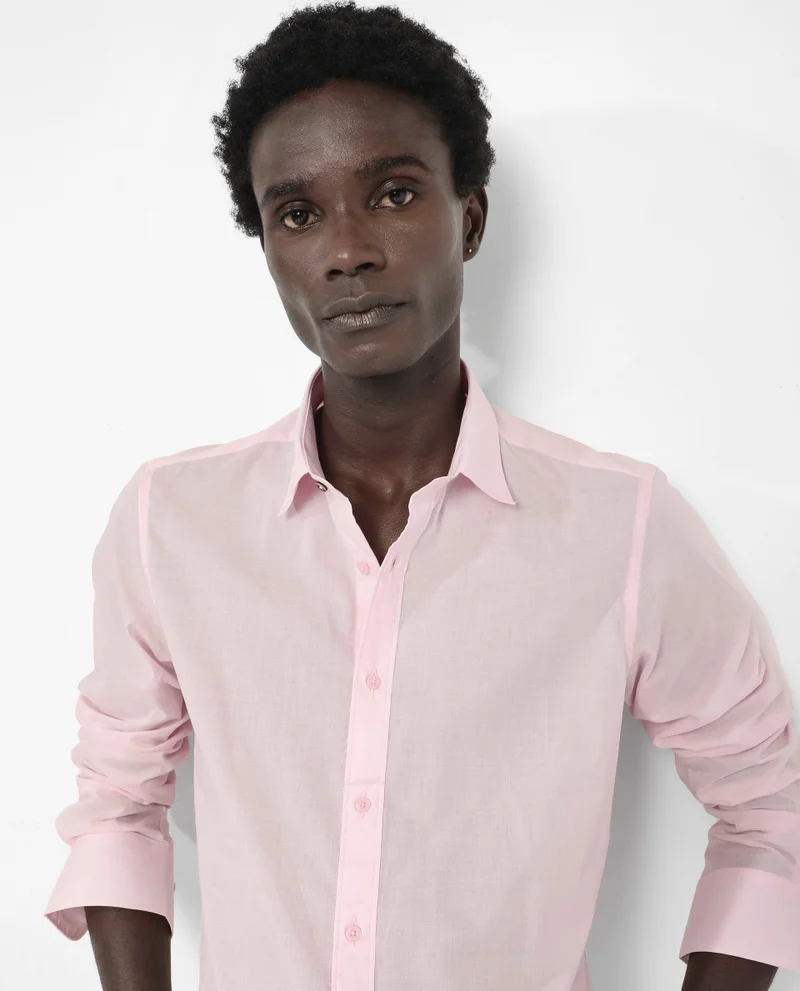 رير رابِت Rare Rabbit Men's Fullsleen Pastel Pink Cotton Fabric Full Sleeves Collared Neck Regular Fit Solid Shirt