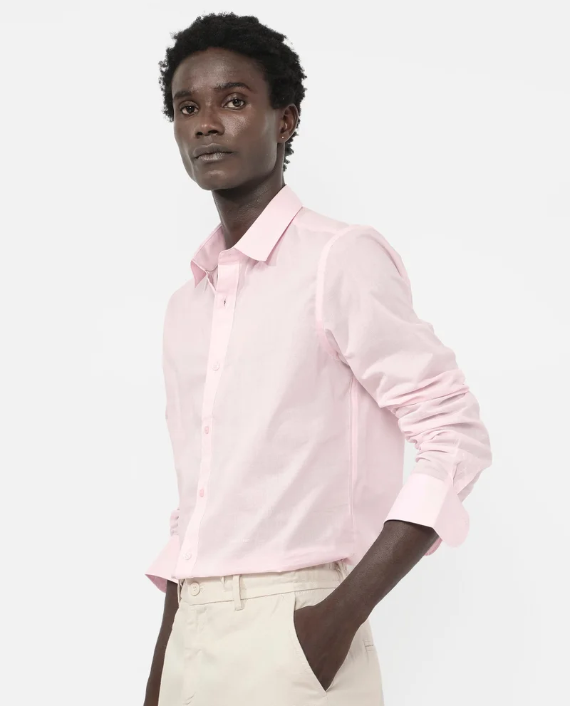 رير رابِت Rare Rabbit Men's Fullsleen Pastel Pink Cotton Fabric Full Sleeves Collared Neck Regular Fit Solid Shirt