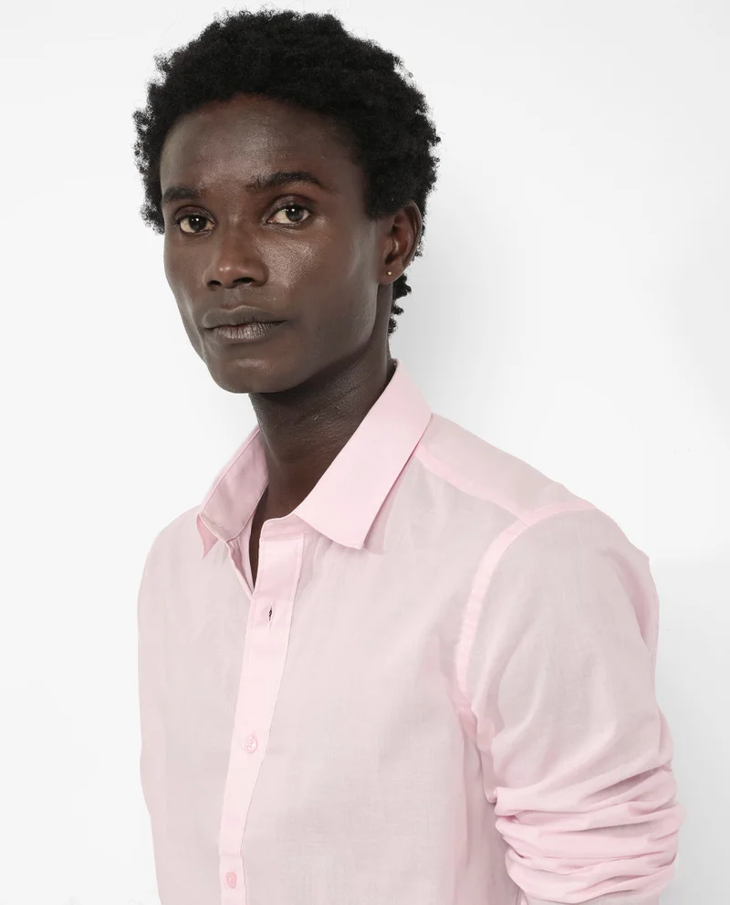 رير رابِت Rare Rabbit Men's Fullsleen Pastel Pink Cotton Fabric Full Sleeves Collared Neck Regular Fit Solid Shirt