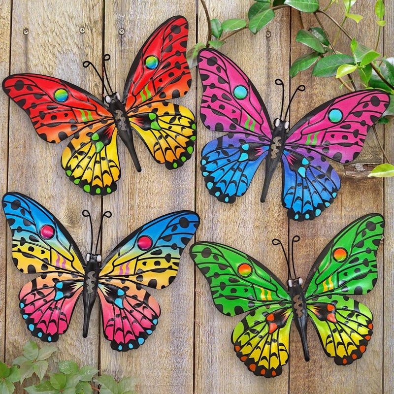 Daogtc Metal Butterfly Wall Decor - 9.6" Outdoor Fence Wall Art Decor, Hanging Decoration for Garden Yard Living Room Bedroom Patio Balcony(4 Pack) - Image 1