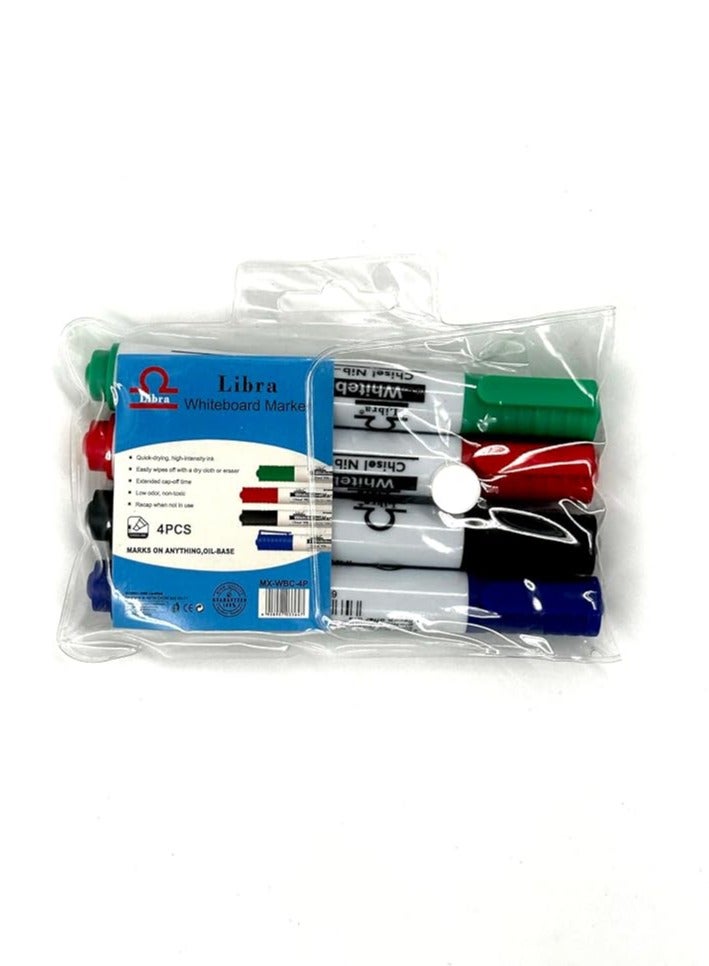 Libra Whiteboard Markers, Chisel Nib, 4 Pcs, Quick Dry, Bold Colors, Ideal for Office & Classroom Use - Image 1