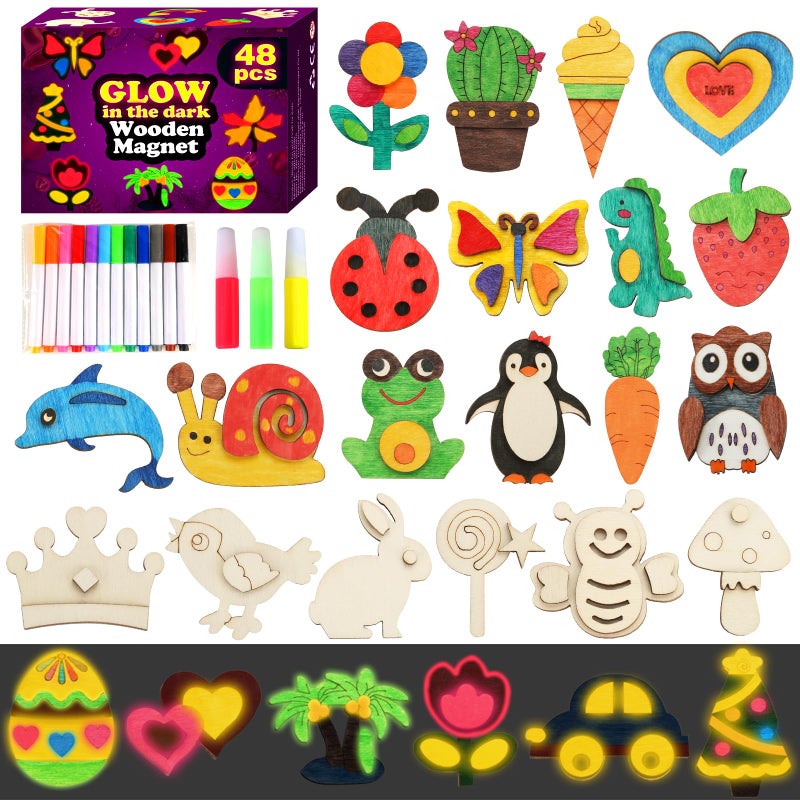 Worgree 48 Pcs DIY Wooden Magnets Wooden Art Craft Supplies Painting Kit for Kids Ages 48 812 Glow in The Dark Party Favors Goodie Bag Stuffers Birthday Gifts Toys for Boys Girls - Image 2