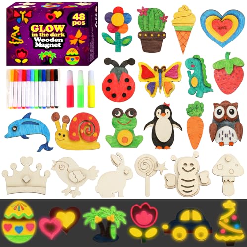Worgree 48 Pcs DIY Wooden Magnets Wooden Art Craft Supplies Painting Kit for Kids Ages 48 812 Glow in The Dark Party Favors Goodie Bag Stuffers Birthday Gifts Toys for Boys Girls - Image 1