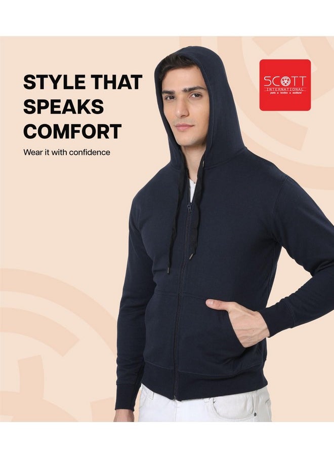 Scott International - جاكيتات شتوية بغطاء للرأس للرجال من Scott International، جاكيت رياضي، جاكيت رياضي، سويت شيرت قطني بقصّة عادية مع سحاب، جاكيتات دراجات، جاكيتات أنيقة بغطاء للرأس (أزرق داكن، مقاس صغير) - Image 1