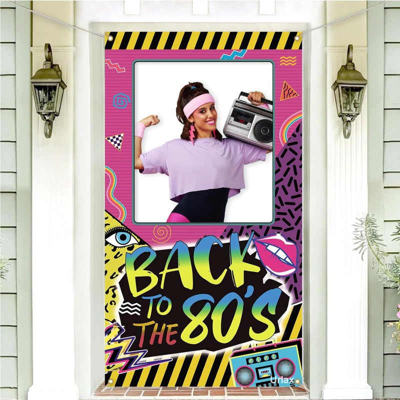 Urlax Back to The 80s Photo Booth Props Colorful Retro Party Decorations 1980s Hip Hop Disco Rock Theme Birthday Picture Booth Frame Backdrop for Throwback Party Supplies 35.5 x 71 in - Image 1