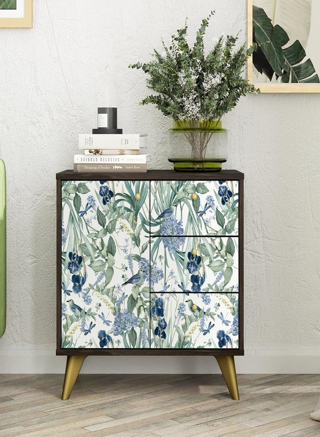 lenify Floral Wallpaper Peel and Stick Blue Flower Contact Paper 16.9inch x118.1inch Vintage Wallpaper Floral Bird Wallpaper for Cabinets Shelf Liner Removable Decor Wallpaper White and Blue Vinyl - Image 3