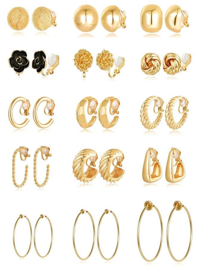 Tornito 15 Pairs Clip on Earrings 14K Gold Plated Chunky Flower Twist Knot Geometric Round Clip on Spring Hoops Earrings for Women Non-Pierced Fake Clip Earring Set Gold Tone - Image 1